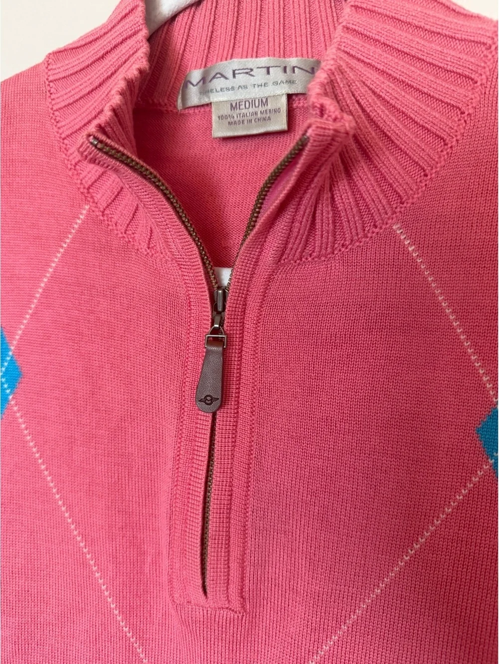 Martin Mens Pink 1/4-Zip Argyle Golf Sweater. 100% Italian Merino Wool. Medium
